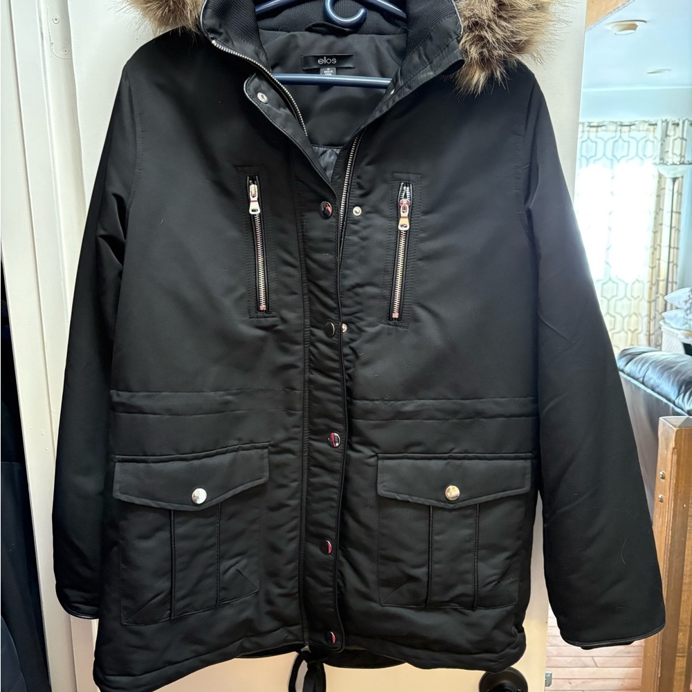 Ellos Black Jacket with Fur Trim on the Hood